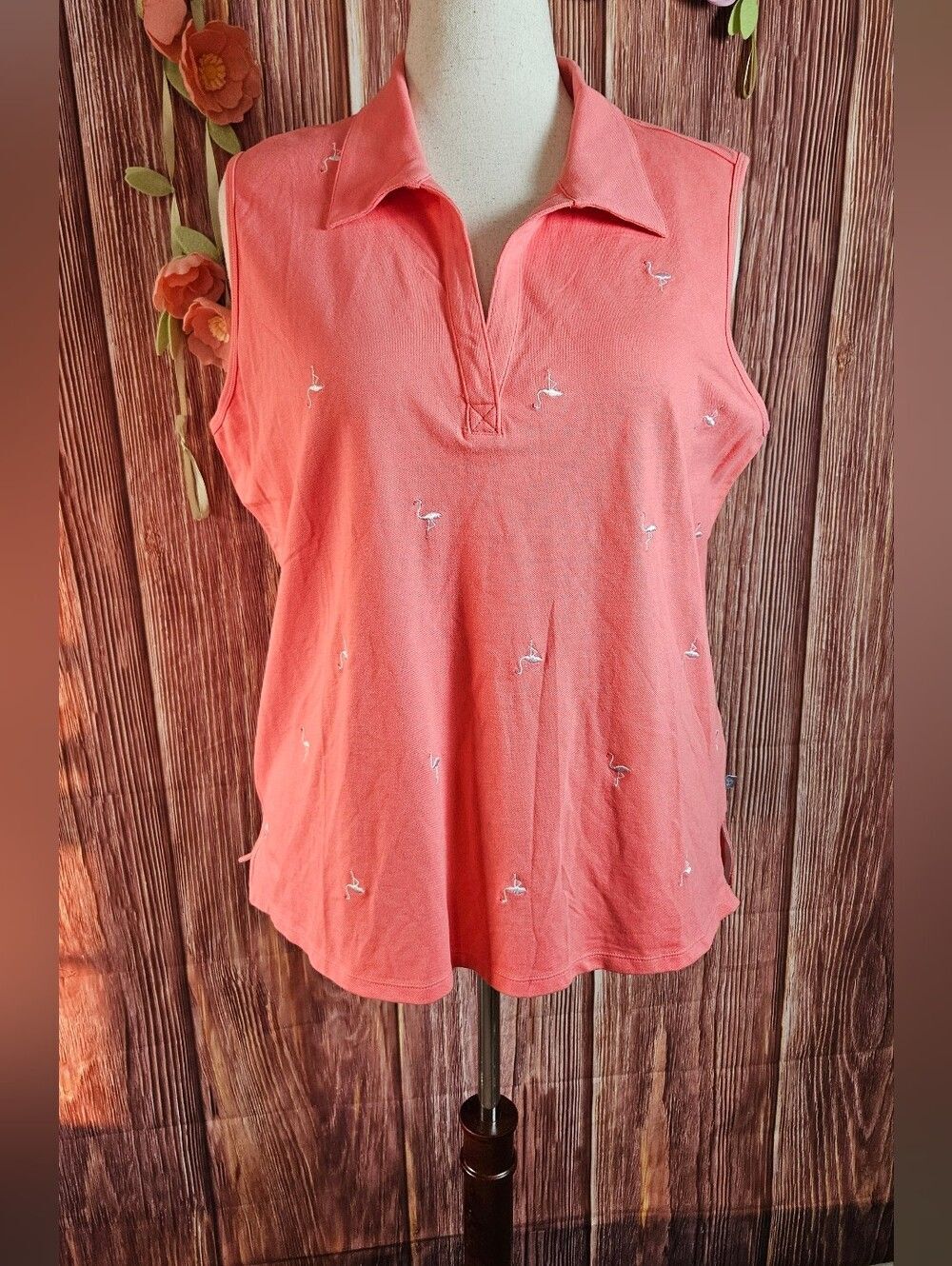 Talbots Flamingo Embroideted UPF 50 Sleeveless Polo Plus Size 2X